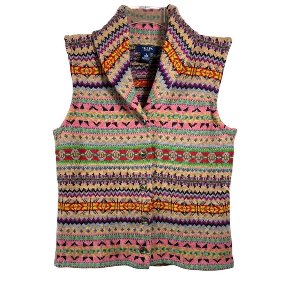 Chaps Fair Isle Sweater Vest Colorful Cottagecore Button Front Small